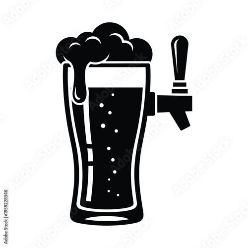 A black and white graphic illustration of a tall glass of beer with a frothy head and a beer tap attached to its side, depicting a refreshing beverage.