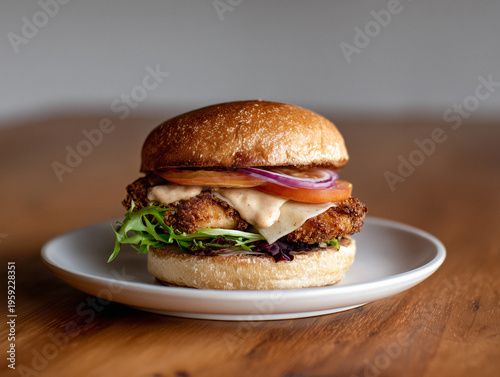 Delicious fried chicken sandwich with lettuce, tomato, and onion on a wooden table