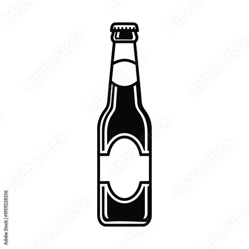 Black and white graphic illustration of a classic glass beer bottle with a cap and blank label, perfect for beverage branding.