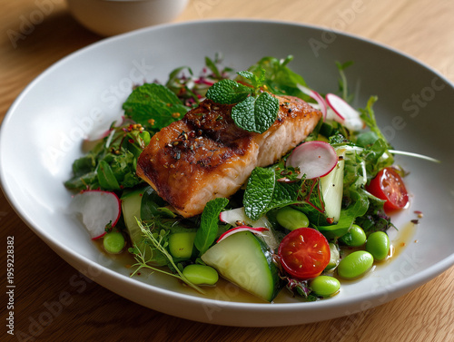 Fresh salmon served on a bed of greens with vegetables and herbs at a dining table in a restaurant setting
