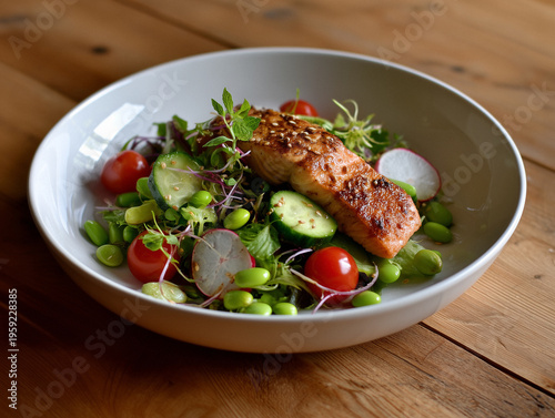 Delicious salmon dish served with fresh vegetables and greens on a wooden table in a casual dining setting