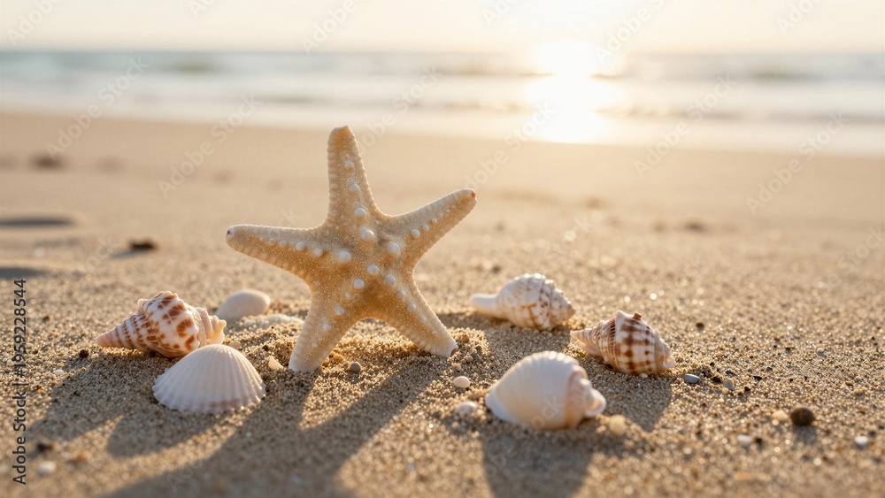 Obraz premium A starfish and various seashells rest on a sandy beach with gentle ocean waves in the background, creating a serene coastal scene.