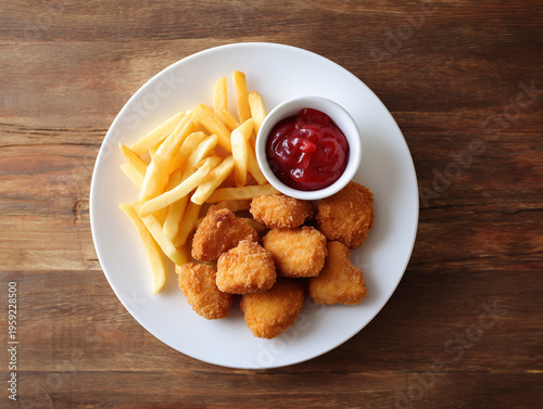 Crispy chicken nuggets served with golden fries and ketchup on a round plate on a wooden table