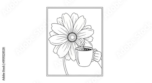 Daisy Flower and Coffee Cup Line Art Coloring Page for Adults and Kids