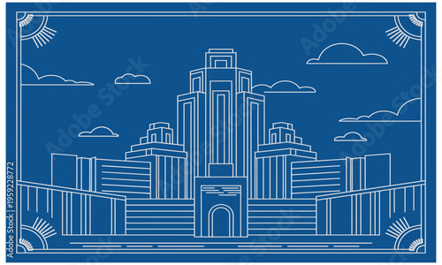 blueandwhiteillustrationofcityskylinewithskyscrapersandclouds