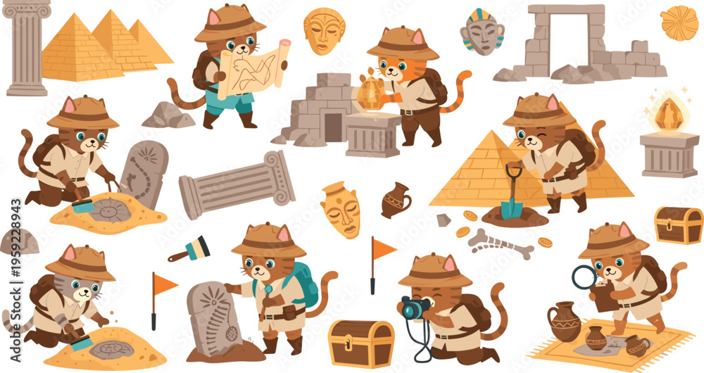 Fototapeta premium Adventurous Cat Archaeologist Vector Set with Exploration, Pyramids, Ancient Artifacts, and Excavation Tools for Discovery and History Designs