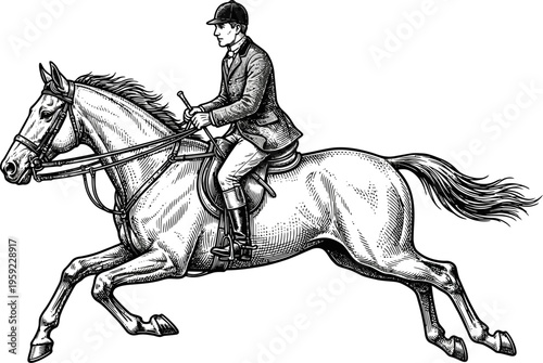 Athletic equestrian rider galloping at full speed in competition