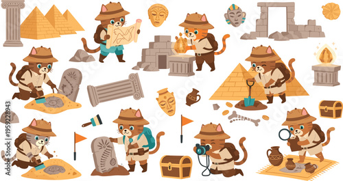 Adventurous Cat Archaeologist Vector Set with Exploration, Pyramids, Ancient Artifacts, and Excavation Tools for Discovery and History Designs