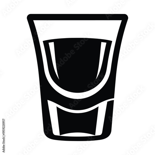 Black and white graphic icon of a shot glass filled with a dark liquid, often used for spirits or cocktails.