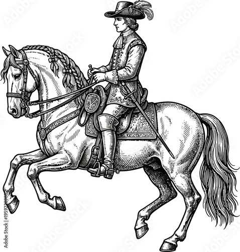 Baroque cavalry officer riding a prancing horse in uniform