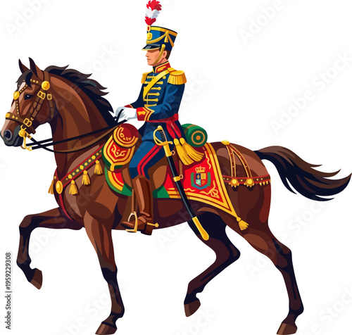 Ceremonial military officer riding dark horse in uniform