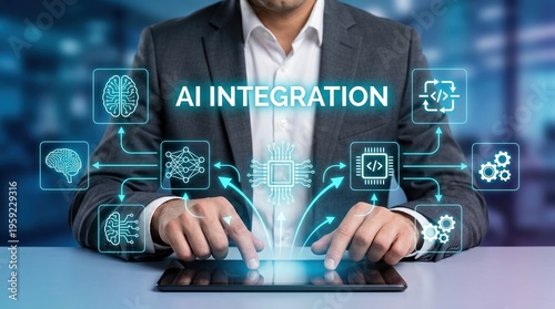 Wallpaper Mural AI integration, artificial intelligence, digital transformation, machine learning, automation, technology, business leader using tablet for advanced data and software solutions. Torontodigital.ca