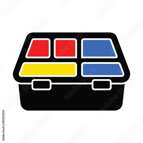 Stylized graphic illustration of a black bento box with colorful compartments in red, yellow, and blue, on a white background.