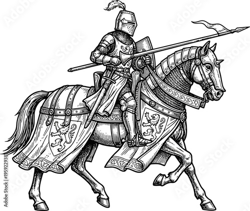 Armored knight on a barded warhorse charging with lance