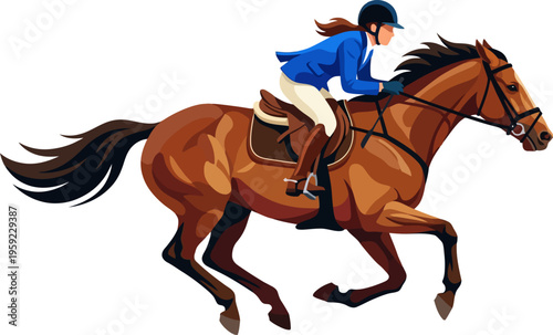 Competitive female rider galloping on thoroughbred horse