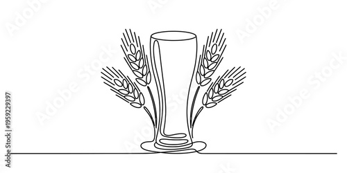 Continuous line drawing of a tall beer glass surrounded by wheat stalks on a white background.