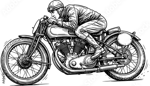 Classic motorcycle racer leaning forward at high speed
