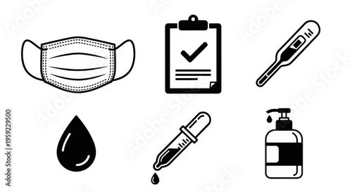 Collection of medical icons representing health and safety measures