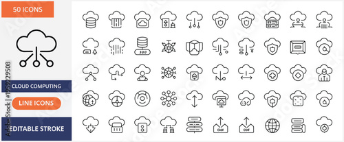 Cloud computing line icons set, 50 network technology and data storage vector symbols, digital infrastructure and web hosting outline graphics