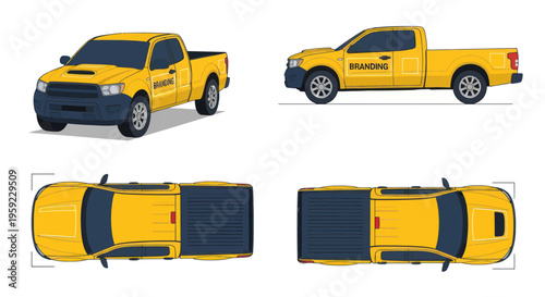 Yellow Pickup Truck - Front, Side, Top Views - Vector Illustration