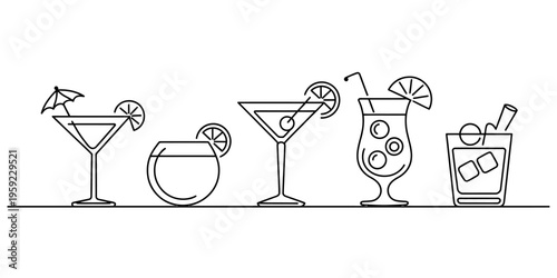 Minimalist line art illustration of five different cocktail glasses in a row on a white background