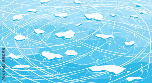 Abstract Ice Skating Rink Surface with Scratches and Water Droplets - Blue Background