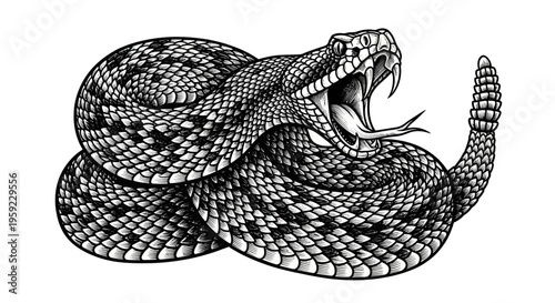 Aggressive Rattlesnake coiled, striking pose, open mouth, fangs, detailed scales, white background