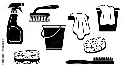 Collection of cleaning supplies including spray bottle, brushes, sponges, bucket, and cloth