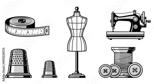 Sewing and tailoring tools collection: sewing machine, mannequin, tape measure, thimbles, thread, and buttons