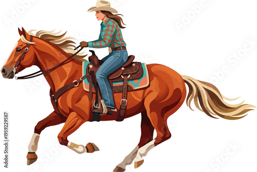 Cowgirl in plaid shirt galloping on chestnut mare