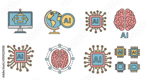 Collection of AI icons representing technology, global reach, and artificial intelligence concepts