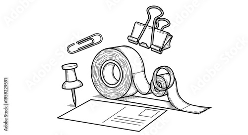 Collection of office supplies including tape, paperclip, binder clips, and thumbtack