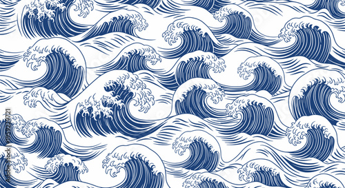 Seamless pattern of crashing ocean waves, Japanese style blue and white illustration