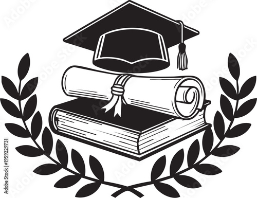 Academic achievement vector illustration prominently displays a graduation mortarboard cap situated above a rolled diploma secured by a ribbon resting upon a thick textbook all framed by a symmetrical