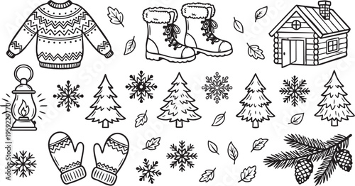 Charming hand drawn black and white vector graphic set includes winter clothing like a patterned sweater and fur lined boots cozy mittens a glowing lantern a small log cabin several stylized snowflake