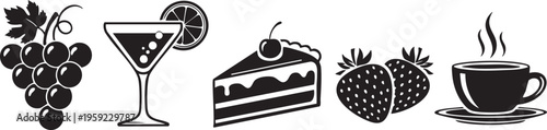 Black and white vector illustration set presents essential food and drink icons including a bunch of grapes a stemmed cocktail glass a layered cake slice decorated with a cherry a pair of strawberries