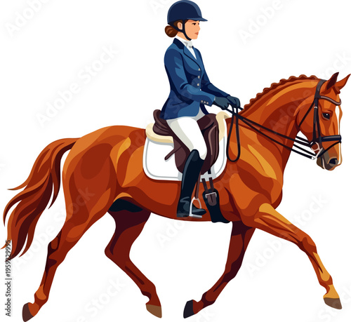 Elegant dressage rider performing trot on brown horse