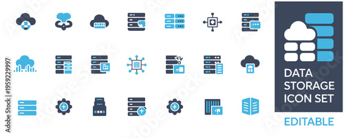 Data storage icon set in flat vector style, cloud computing and server database icons, blue and black network technology symbols for web design