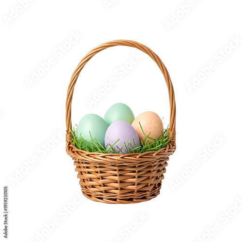 Pastel Easter Eggs in Wicker Basket isolated on transparent background