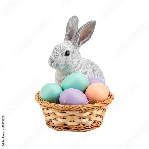 Easter bunny with colorful eggs isolated on transparent background