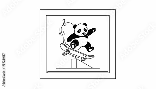 Cute panda bear skateboarding and jumping with a mango fruit