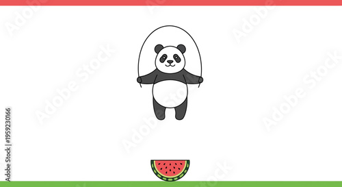 Cute Panda Jumping Rope with Watermelon Slice - Healthy Lifestyle and Fun