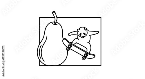 Cute Panda Riding Skateboard Next to Pear, Whimsical Illustration