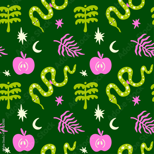 Garden of Eden seamless pattern design with vector cartoon groovy funky illustration of different types exotic plant leaves, jungle vibes, snake, apple silhouette in boho aesthetic