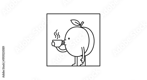 Cute Peach Character Drinking Hot Coffee, Kawaii Fruit Cartoon