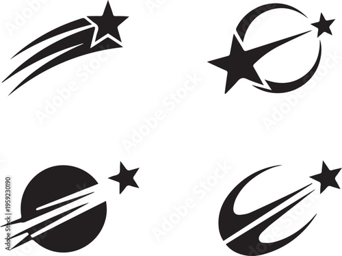 Abstract shooting star logos with curved orbits and dynamic motion trails for modern corporate identity or futuristic technology branding set