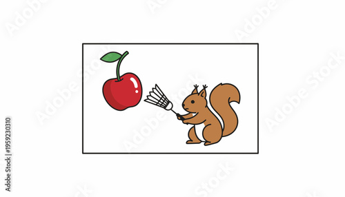 Cute squirrel playing badminton with a cherry