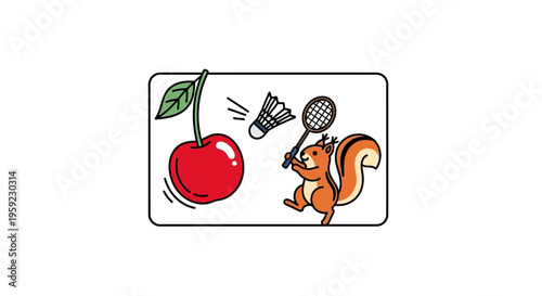 Cute squirrel playing badminton with a giant cherry, cartoon illustration