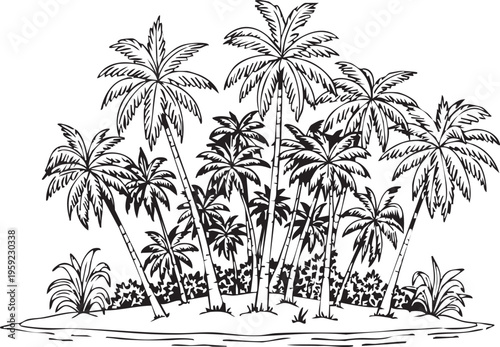 A charming hand-sketched black and white outline vector illustration displays a serene tropical island paradise, richly adorned with numerous tall graceful palm trees and a variety of lush native bush