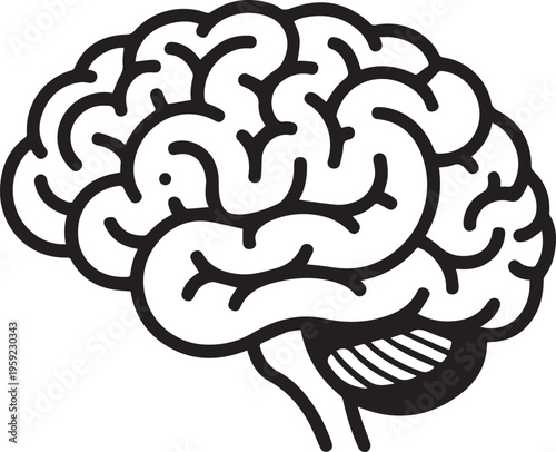 Black and white brain illustration showing anatomical structures of human mind for educational health and medical science research projects